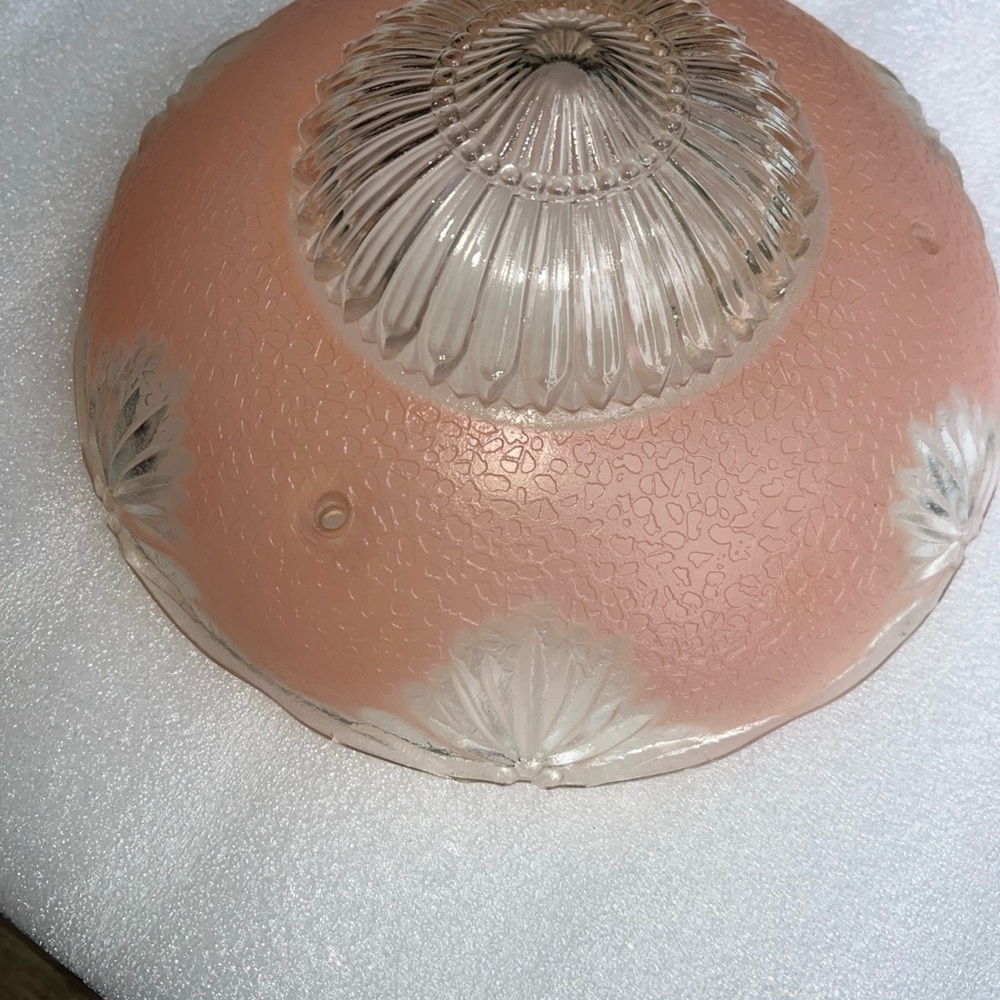Vintage MCM Pink Frosted Glass 3 Chain Hanging Ceiling Light Shade - Picture 7 of 10